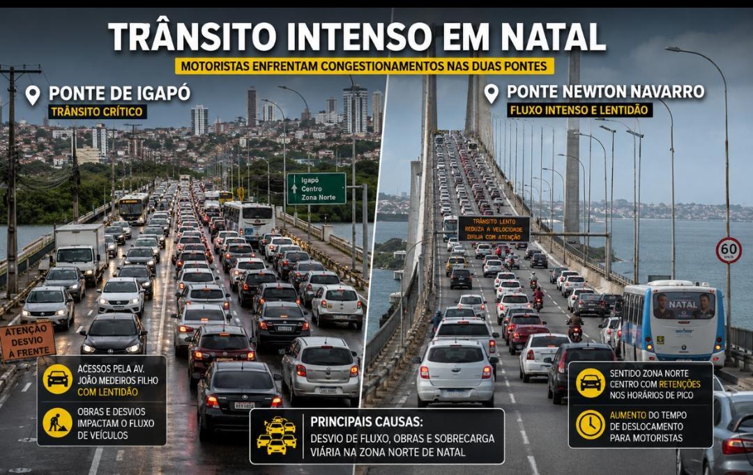 Trânsito intenso marca manhã nas pontes de Natal e motoristas enfrentam lentidão entre Zona Norte e Centro