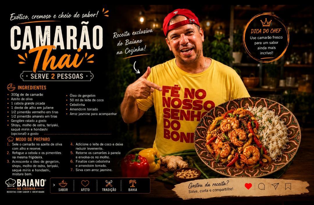 Camarão Thai leva sabores da culinária asiática para a mesa com toque especial do Baiano na Cozinha