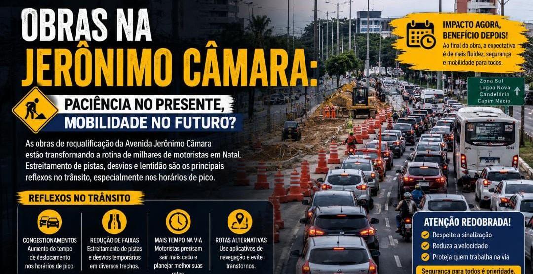 Obras na avenida Jerônimo Câmara desafiam motoristas e exigem planejamento no trânsito em natal